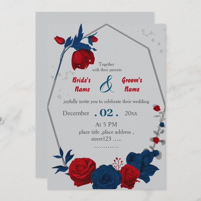 Invitación boda geométrico botánico de flores rojas y marinas (Anverso / Reverso)