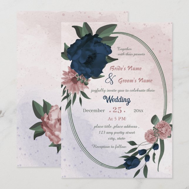 Invitación boda geométrico botánico de flores rosadas y marin (Anverso / Reverso)