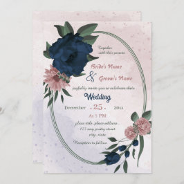 Invitación boda geométrico botánico de flores rosadas y marin