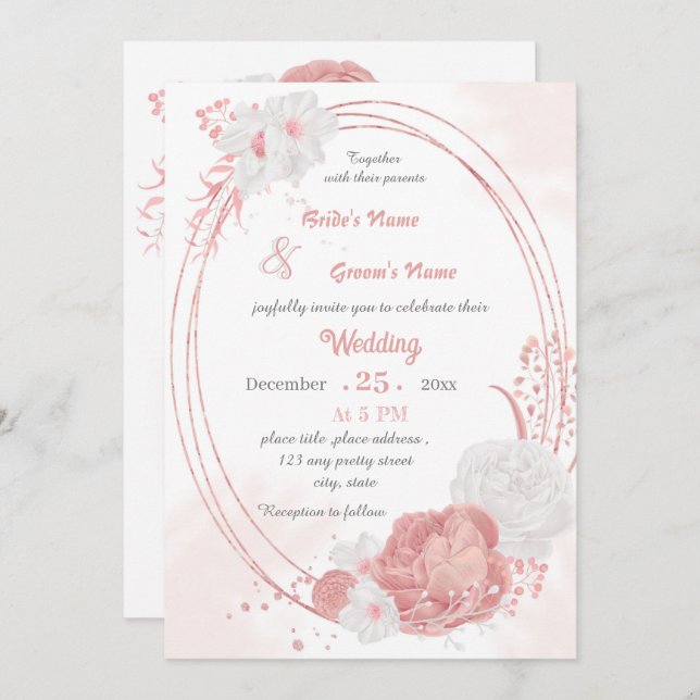 Invitación boda geométrico botánico de flores rosas y blancas (Anverso / Reverso)