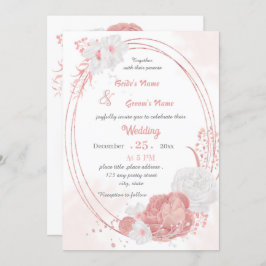 Invitación boda geométrico botánico de flores rosas y blancas