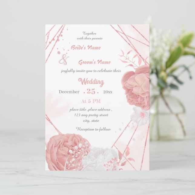 Invitación boda geométrico botánico de flores rosas y blancas (Anverso de pie)