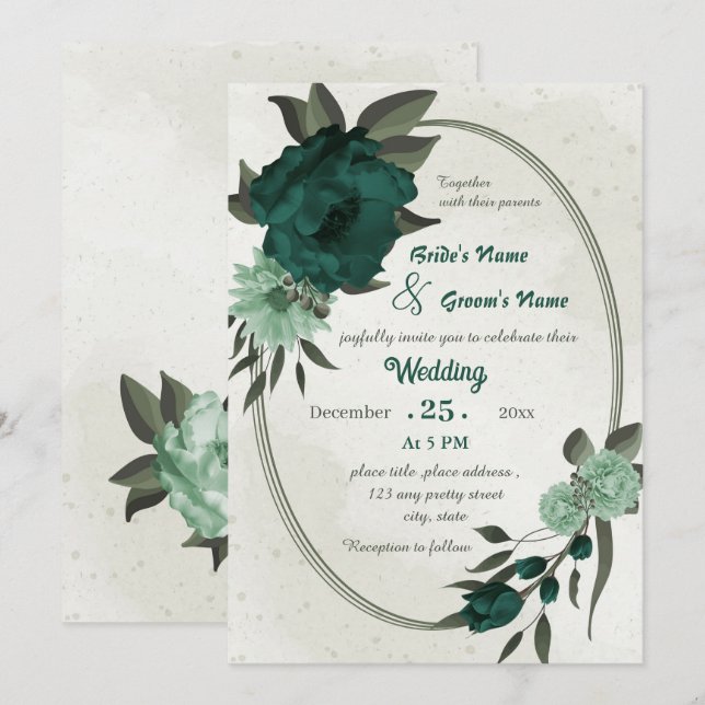 Invitación boda geométrico botánico de flores verdes esmerald (Anverso / Reverso)