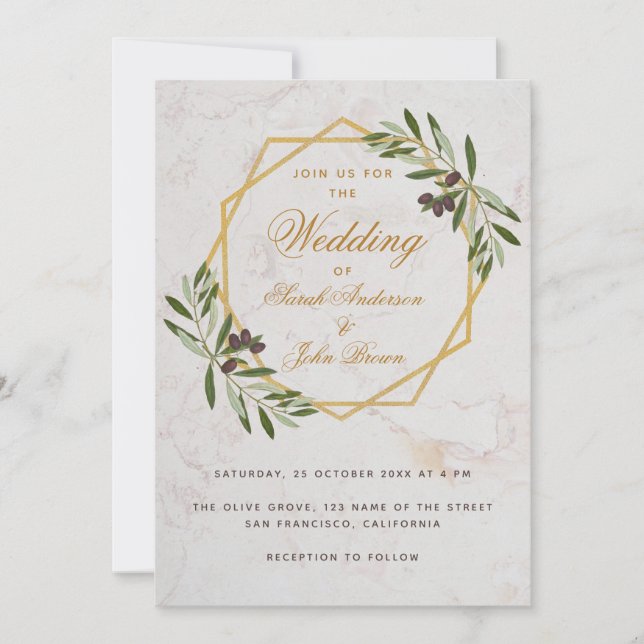 Invitación Boda Geométrico Botánico de Olive Greenery Gold (Anverso)