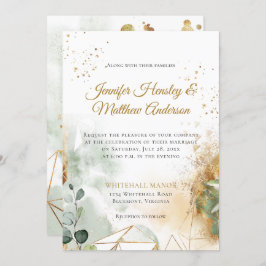 Invitación Boda geométrico botánico de oro verde moderno