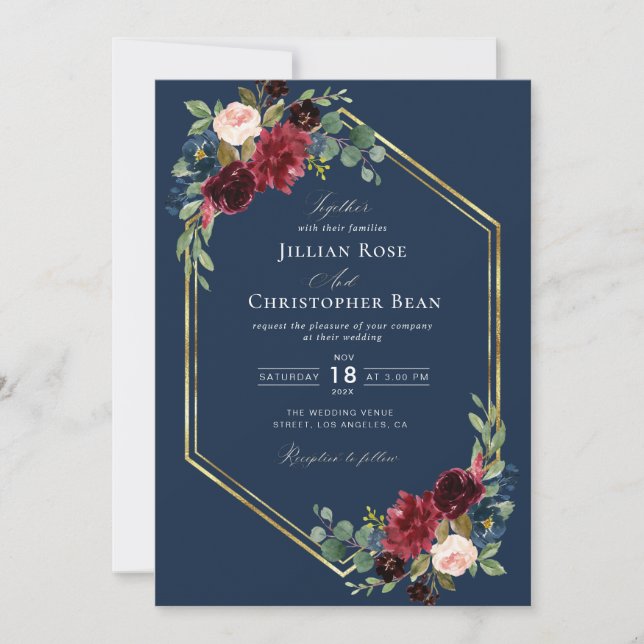 Invitación boda geométrico burgundy azul marino y oro (Anverso)