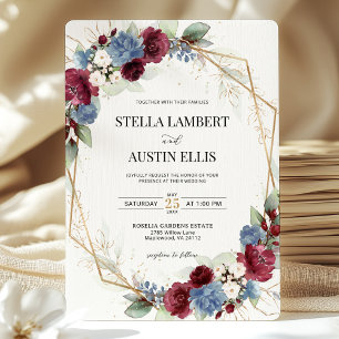 Invitación Boda geométrico Burgundy Blue Floral