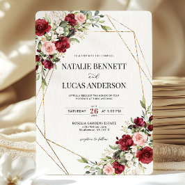 Invitación Boda Geométrico Burgundy Rubor Floral Gold