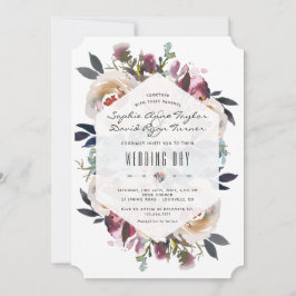 Invitación Boda geométrico con buquet azul oscuro