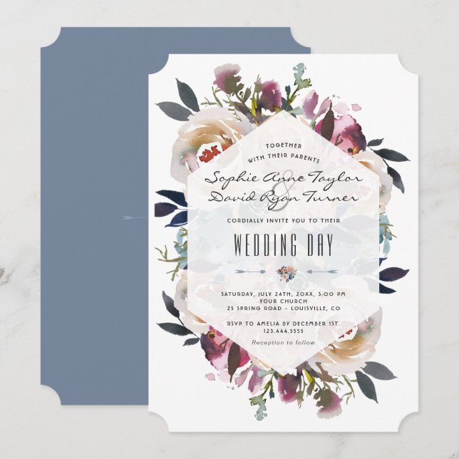 Invitación Boda geométrico con buquet azul oscuro (Anverso / Reverso)
