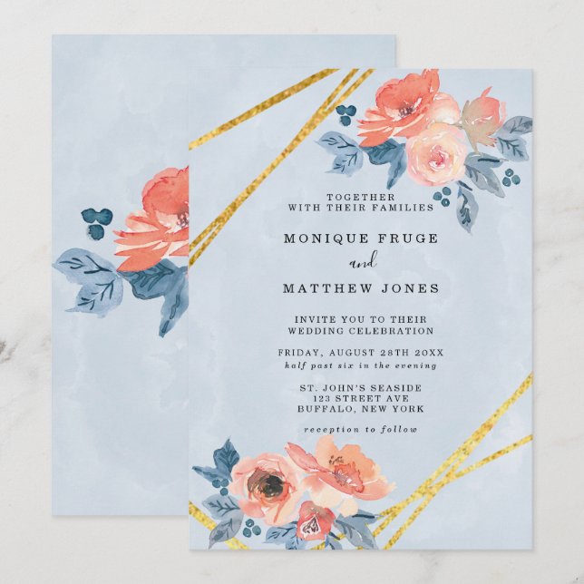 Invitación Boda Geométrico Coral y Duste Blue Floral Gold (Anverso / Reverso)
