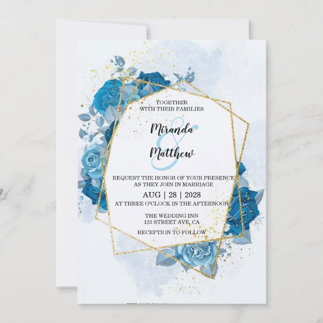 Invitación Boda Geométrico Cyan Blue Florals Gold (Anverso)
