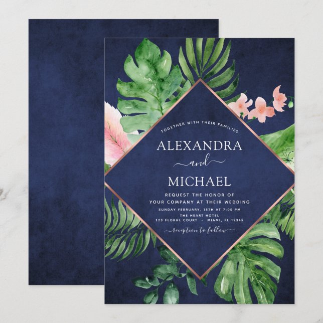 Invitación Boda geométrico de acuarela azul de la Marina Trop (Anverso / Reverso)
