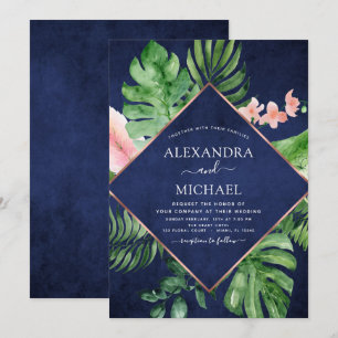 Invitación Boda geométrico de acuarela azul de la Marina Trop