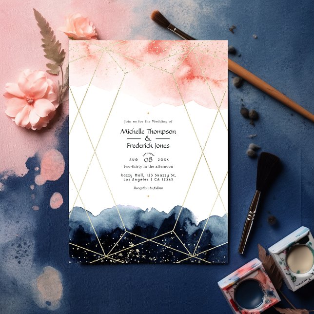 Invitación Boda geométrico de acuarela de la Marina y Rubor (Subido por el creador)