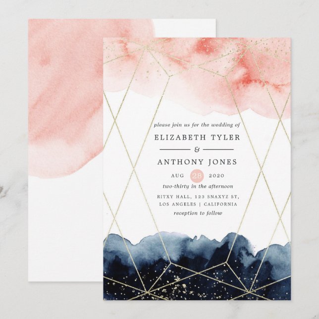 Invitación Boda geométrico de acuarela de la Marina y Rubor (Anverso / Reverso)