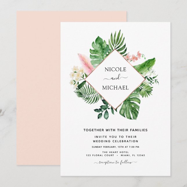 Invitación Boda geométrico de acuarela de palma tropical (Anverso / Reverso)