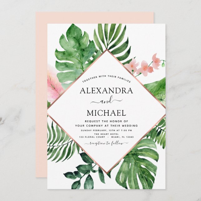 Invitación Boda geométrico de acuarela de palma tropical (Anverso / Reverso)