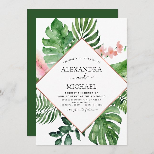 Invitación Boda geométrico de acuarela de palma tropical (Anverso / Reverso)