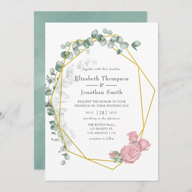 Invitación Boda geométrico de acuarela Eucalyptus Rosa (Anverso / Reverso)
