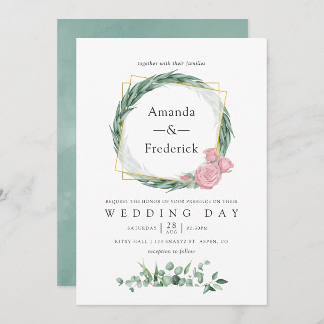 Invitación Boda geométrico de acuarela Eucalyptus Rosa (Anverso / Reverso)