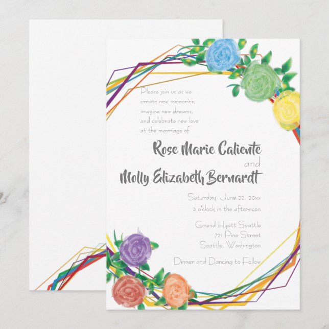 Invitación Boda geométrico de arcoiris floral moderno (Anverso / Reverso)