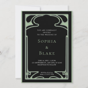 Invitación Boda Geométrico de Art Deco Negro y Verde