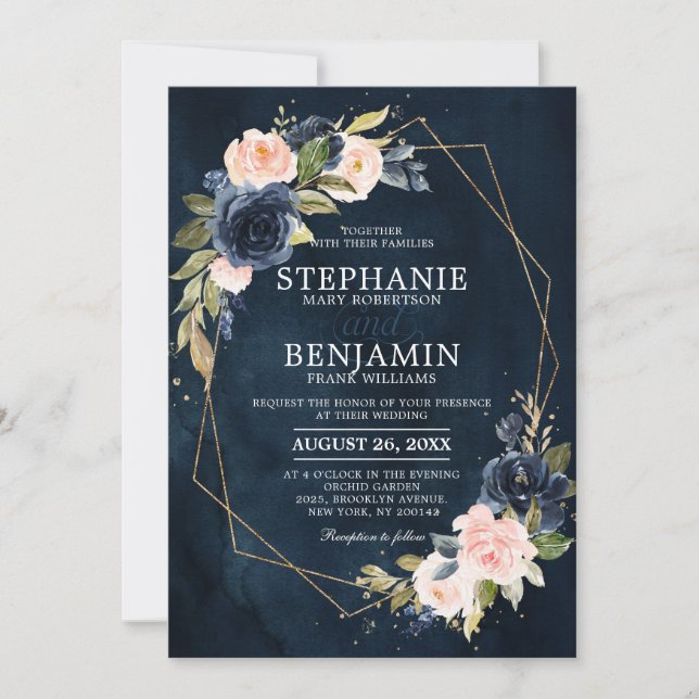 Invitación Boda Geométrico de Boho rosa rosa azul de la Marin (Anverso)