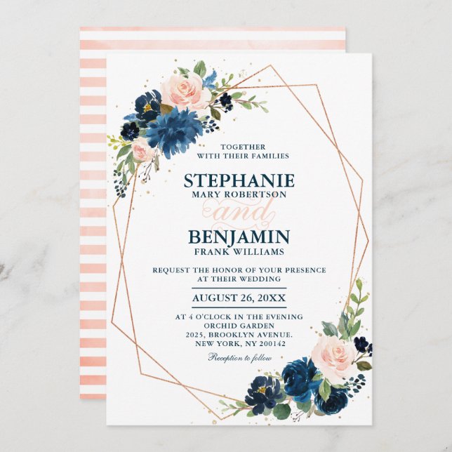 Invitación Boda Geométrico de Boho rosa rosa azul de la Marin (Anverso / Reverso)