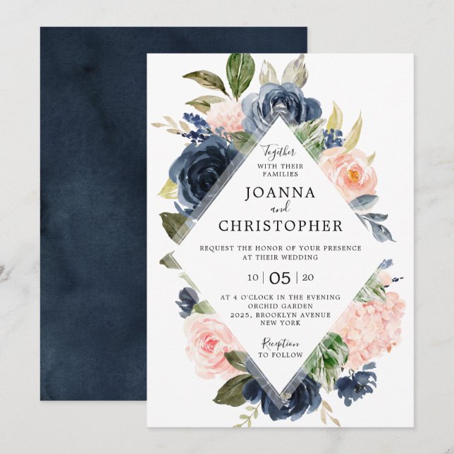 Invitación Boda Geométrico de Boho rosa rosa azul de la Marin (Anverso / Reverso)