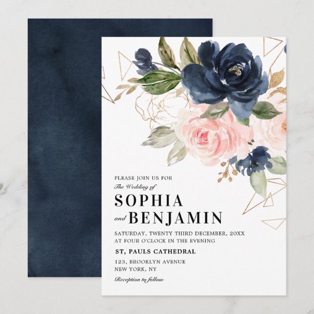 Invitación Boda Geométrico de Boho rosa rosa azul de la Marin (Anverso / Reverso)