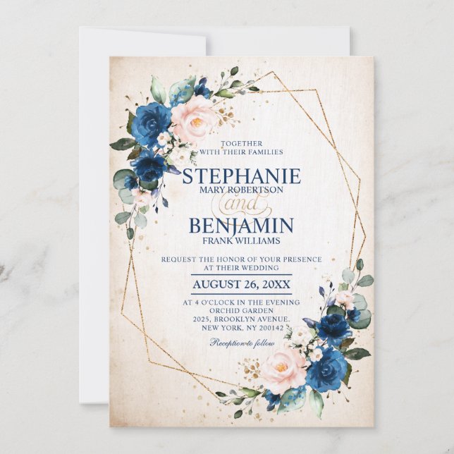 Invitación Boda Geométrico de Boho rosa rosa azul de la Marin (Anverso)