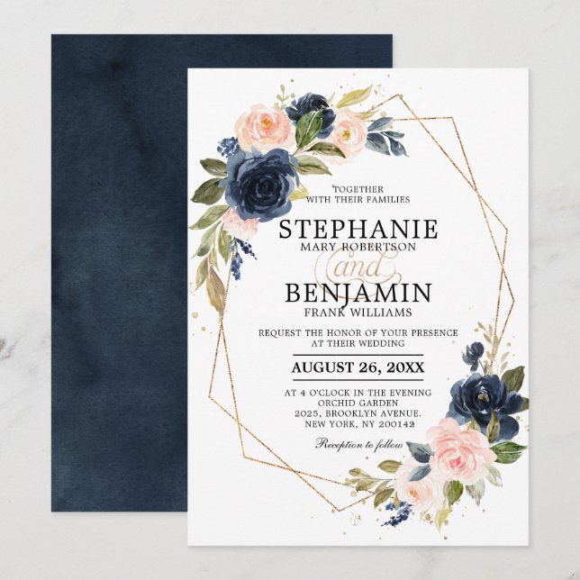 Invitación Boda Geométrico de Boho rosa rosa azul de la Marin (Anverso / Reverso)
