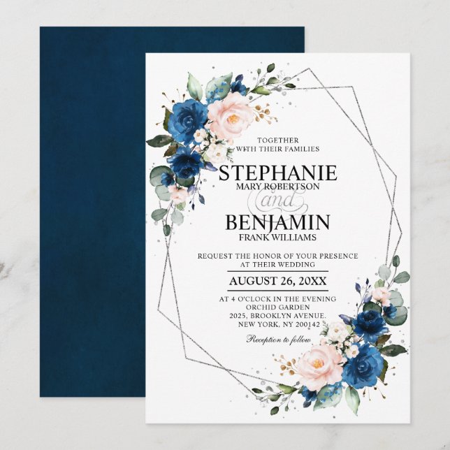 Invitación Boda Geométrico de Boho rosa rosa azul de la Marin (Anverso / Reverso)