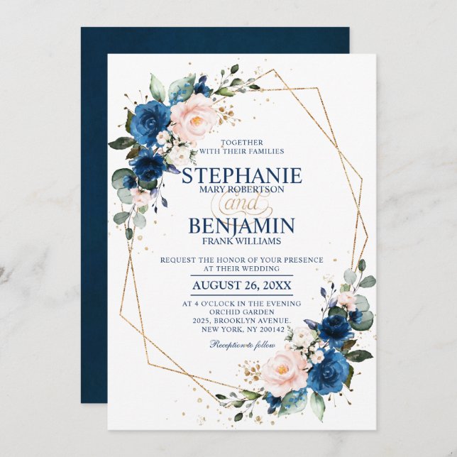 Invitación Boda Geométrico de Boho rosa rosa azul de la Marin (Anverso / Reverso)