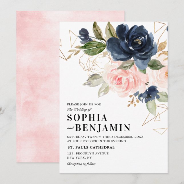 Invitación Boda Geométrico de Boho rosa rosa azul de la Marin (Anverso / Reverso)