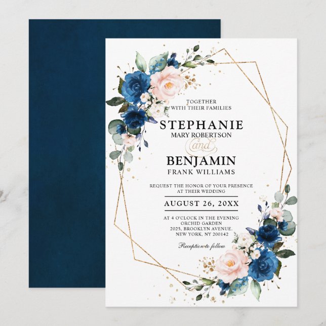 Invitación Boda Geométrico de Boho rosa rosa azul de la Marin (Anverso / Reverso)