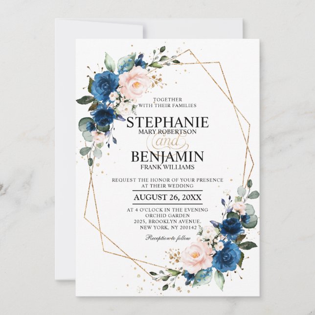 Invitación Boda Geométrico de Boho rosa rosa azul de la Marin (Anverso)