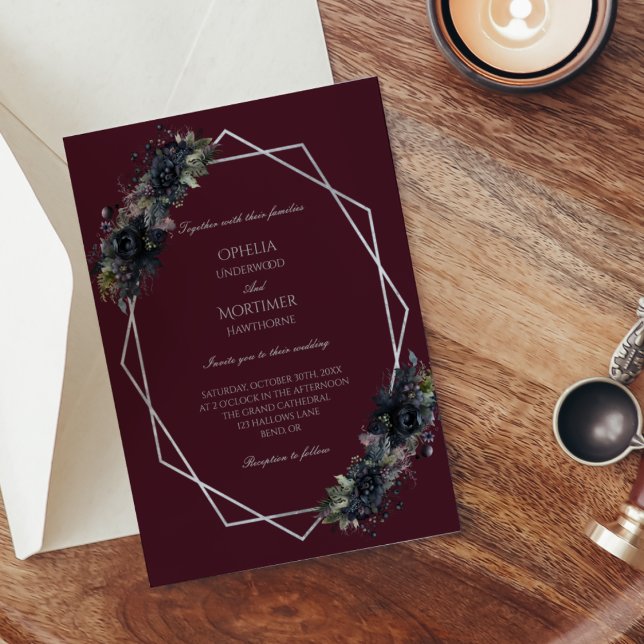 Invitación Boda geométrico de borgoña floral gótica oscura (Subido por el creador)
