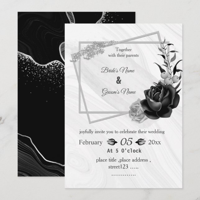 Invitación boda geométrico de color gris plateado y negro (Anverso / Reverso)