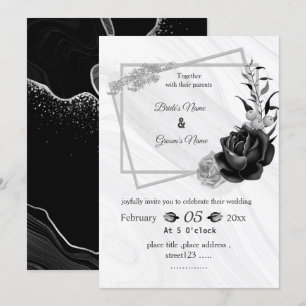 Invitación boda geométrico de color gris plateado y negro