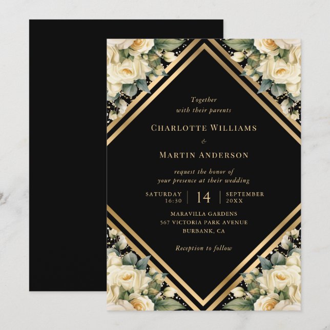 Invitación Boda Geométrico De Confetti De Oro Negro De Marfil (Anverso / Reverso)