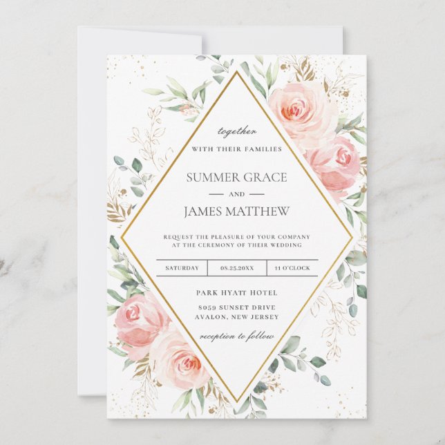 Invitación Boda Geométrico de Diamantes de Oro Floral Rosa Ru (Anverso)