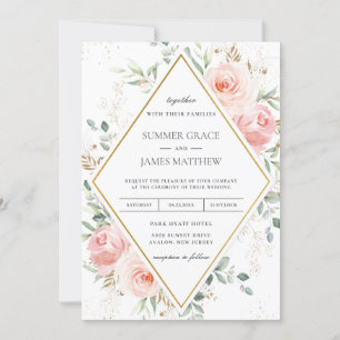 Invitación Boda Geométrico de Diamantes de Oro Floral Rosa Ru