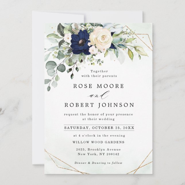 Invitación Boda geométrico de energía floral Rubor de Marina (Anverso)