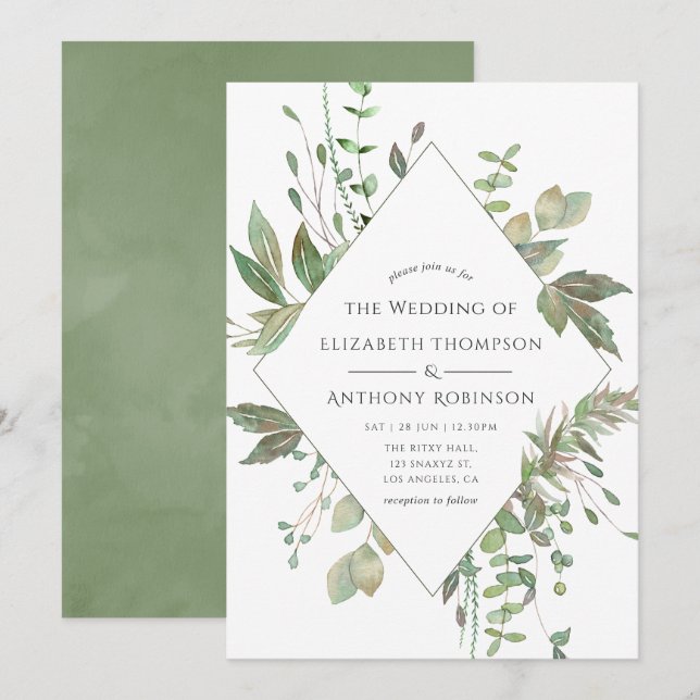 Invitación Boda geométrico de energía verde (Anverso / Reverso)
