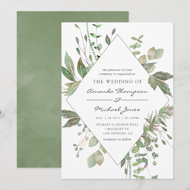 Invitación Boda geométrico de energía verde (Anverso / Reverso)