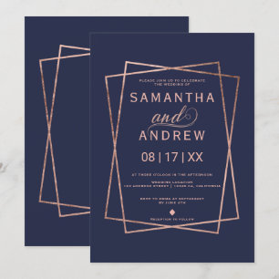 Invitación boda geométrico de escritura dorada rosa de marina