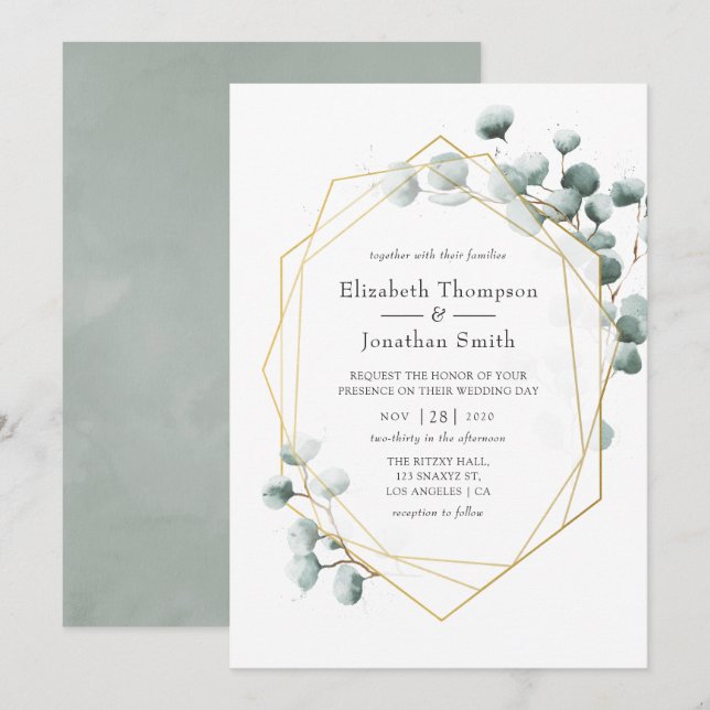Invitación Boda geométrico de eucalipto de sabio plateado (Anverso / Reverso)