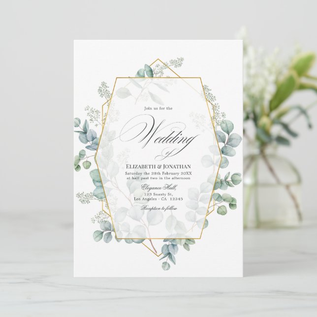 Invitación Boda geométrico de eucalipto de sabio plateado (Anverso de pie)